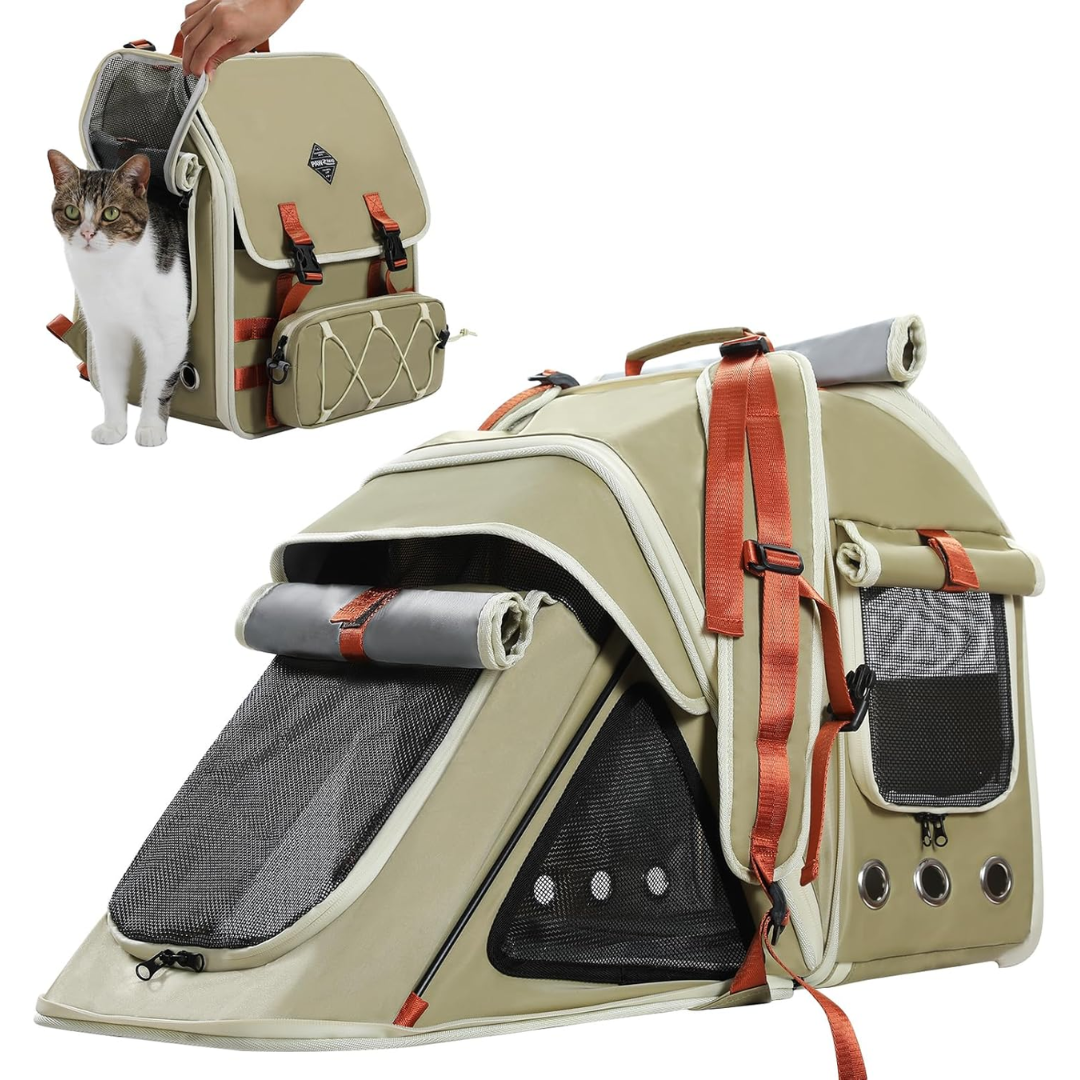 Expandable Pet Carrier with Detachable Treat Pouch for Travel Hiking Camping