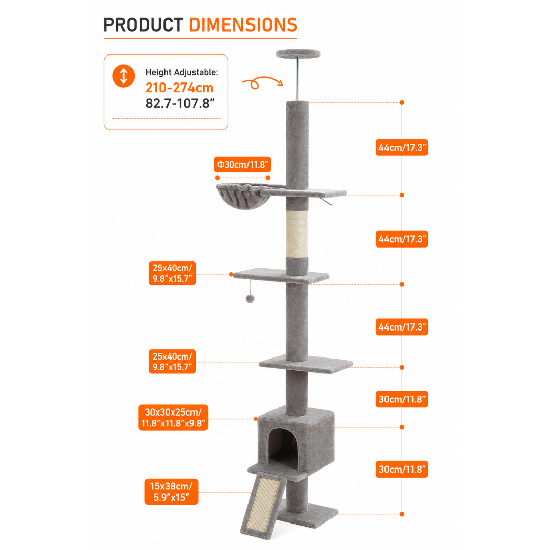 Floor-to-Ceiling Cat Scratching Post with Inclined Board 274cm