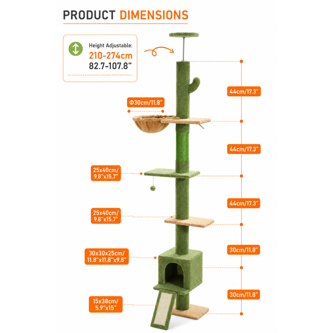 Floor-to-Ceiling Cat Scratching Post with Inclined Board 274cm