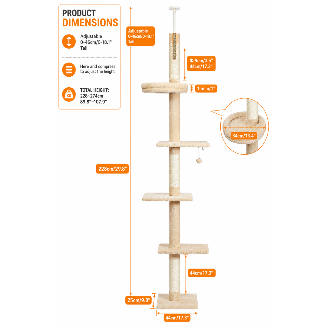 Floor-to-Ceiling Single-Pole Cat Tree Max Height: 274cm