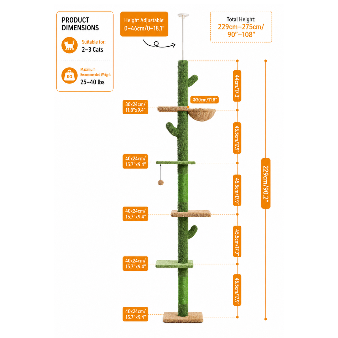 Floor-to-Ceiling Single-Pole Cat Tree Max Height: 274cm