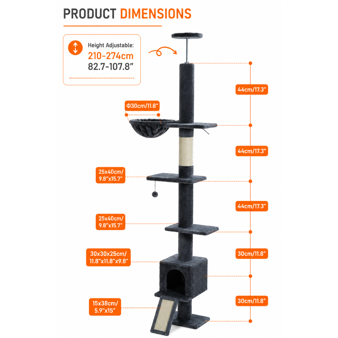 Floor-to-Ceiling Cat Scratching Post with Inclined Board 274cm