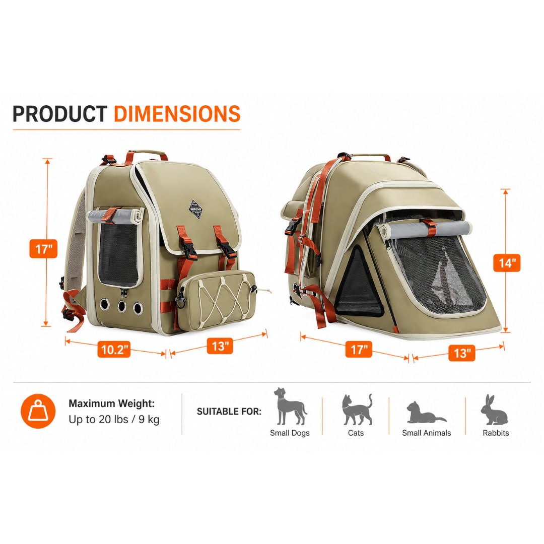 Expandable Pet Carrier with Detachable Treat Pouch for Travel Hiking Camping