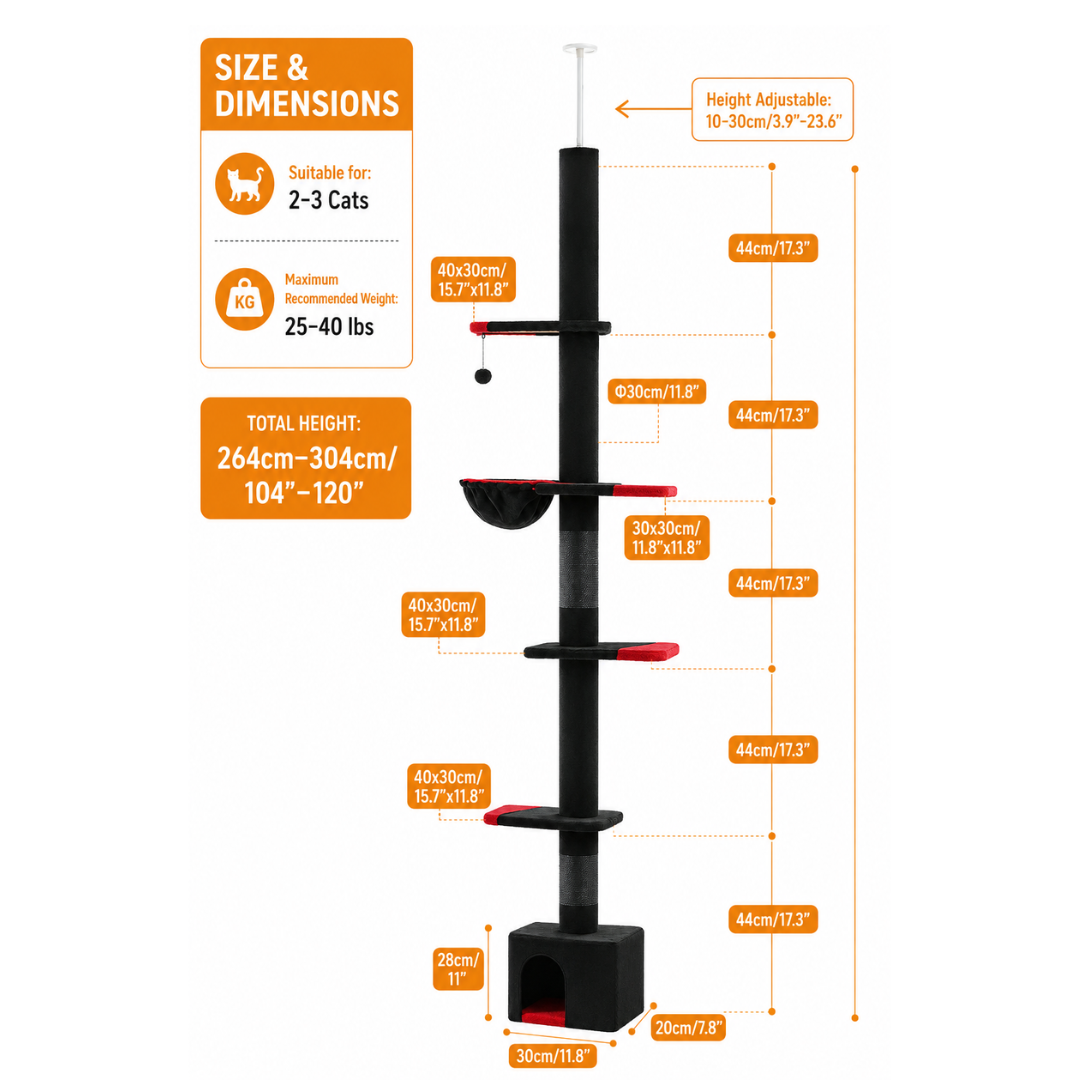Floor-to-Ceiling Single-Pole Cat Tree Max Height: 274cm
