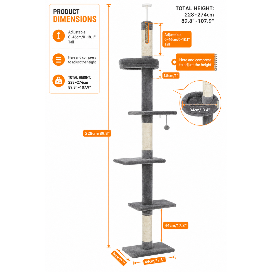 Floor-to-Ceiling Single-Pole Cat Tree Max Height: 274cm