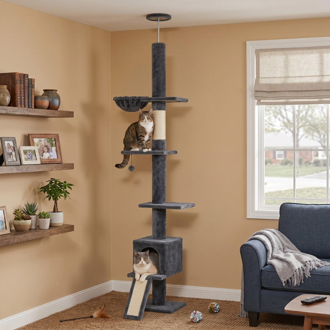 Floor-to-Ceiling Cat Scratching Post with Inclined Board 274cm